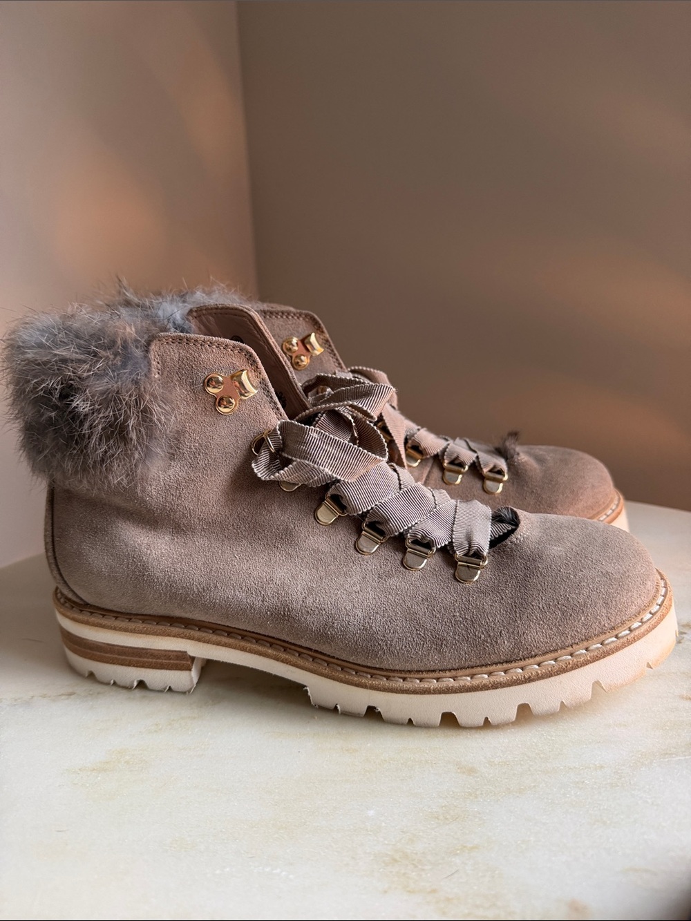Agl Italian Taupe Suede Rabbit Fur-Trim Ankle Hiker Boots